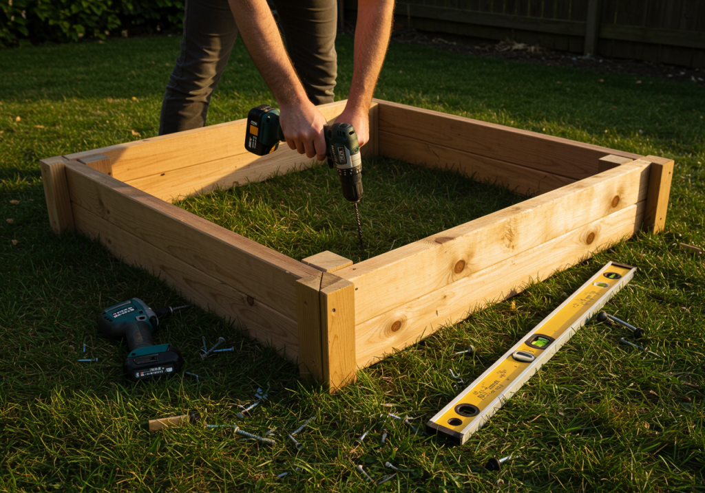 A mid-action shot of someone drilling boards together to form a rectangular raised bed frame. The frame rests on a patch of grass, and a cordless drill, extra screws, and a level are scattered around. Evening sunlight and the shadow of a fence add depth
