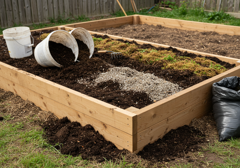 A wide shot of the newly constructed raised bed being filled with layers of compost, garden soil, and peat moss. Two buckets of compost are partially dumped in, and a small rake or cultivator is being used to spread it out. A compost bag or bin is visible nearby, with some spilled soil on the ground