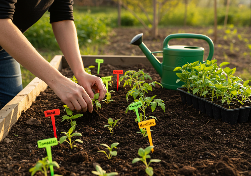 A casual, eye-level photo of a gardener’s hands setting small vegetable seedlings into rows. Colorful plant markers (e.g., ‘Tomatoes,’ ‘Basil’) poke from the soil. A watering can and a tray of extra seedlings sit in the corner of the frame. Late-afternoon sun highlights the bright green seedlings.