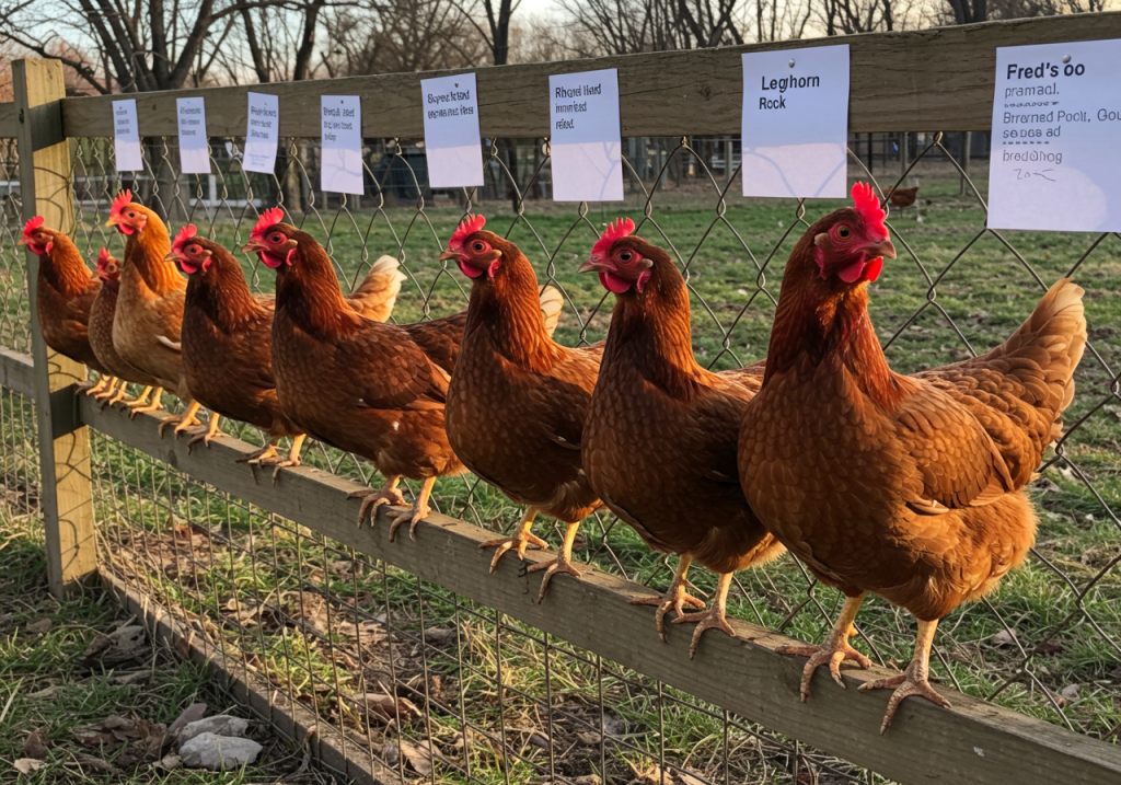 A close-up photo of a small group of hens lined up along a fence, each a distinct breed (e.g., Rhode Island Red, Leghorn, and Barred Rock). A few breed name tags or notes pinned to the fence in the background indicate the different characteristics. Late-afternoon sun highlights the hens’ varied plumage.