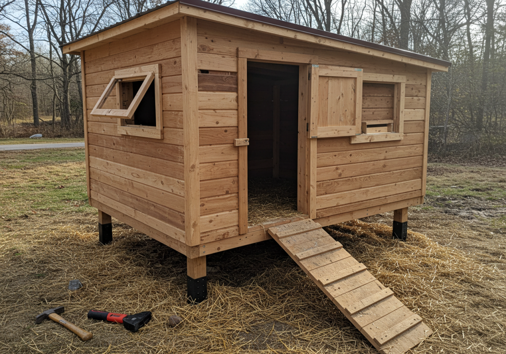 Eye-level image of a newly built wooden chicken coop with fresh straw around the entry. A simple window for ventilation is propped open, and a small ramp leads into the coop. Handheld tools (a hammer, measuring tape) lie in the foreground, suggesting recent construction. Early morning light lends a soft, inviting glow