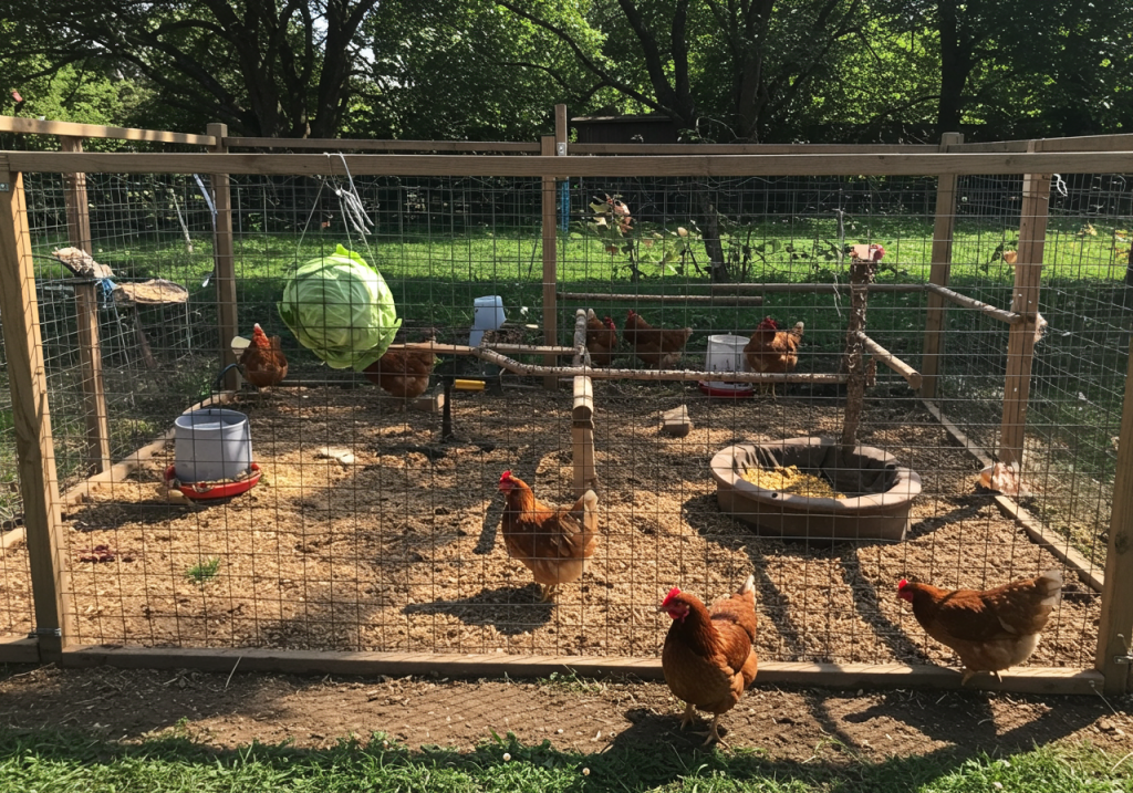 A phone-style photo of a fenced-in chicken run with plenty of enrichment: a hanging cabbage, a few roosting bars, and a dust-bathing area. The fence is secured with sturdy wire, and a curious hen pecks at the camera lens. Sunbeams create patterned shadows on the ground