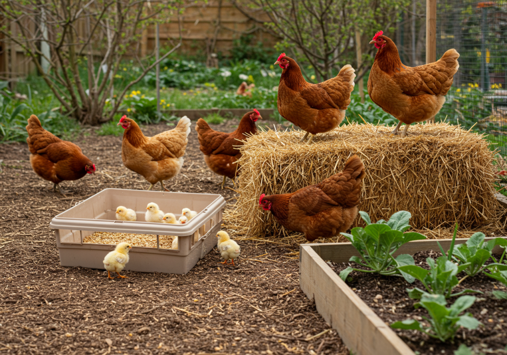 A backyard scene featuring multiple generations of chickens: a few baby chicks in a small brooder box, adult hens pecking the ground, and one older hen perched on a bale of straw. A small garden bed stands nearby, illustrating how chickens can help with fertilization. Soft daylight and a slight blur of motion as chicks explore.
