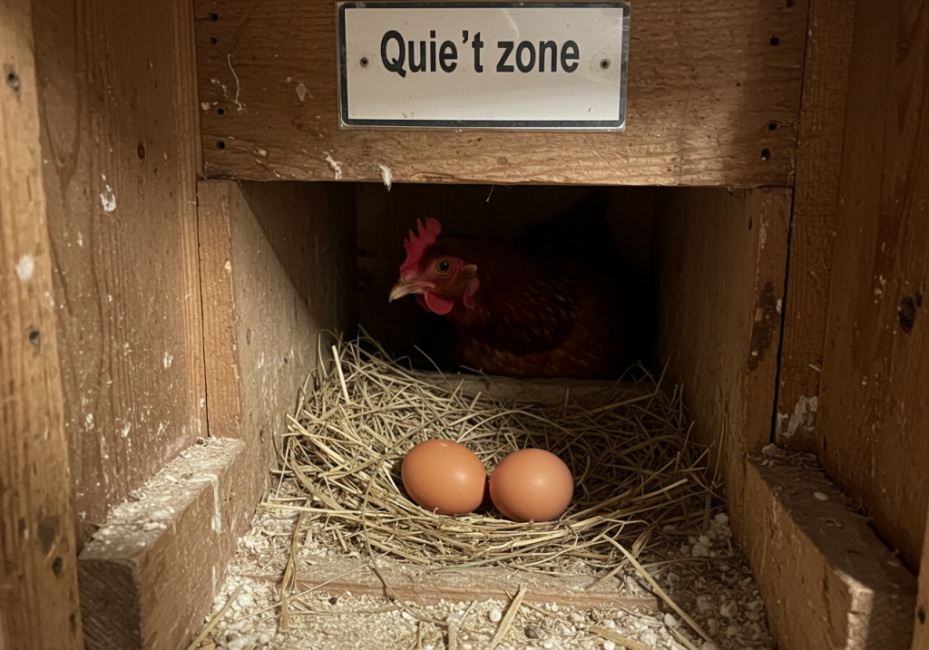 A casual smartphone photo of a nesting box with two freshly laid eggs, one brown and one speckled. A hen peeks in from the side, and a small sign above the box reads ‘Quiet Zone.’ The interior of the coop is dimly lit, with some straw scattered about.