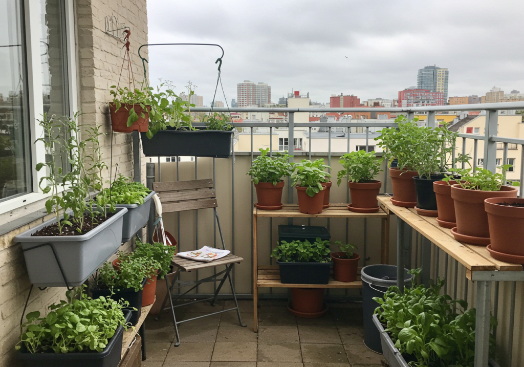 A small apartment balcony bustling with potted veggies, hanging planters, and a tiny compost bin. A folding chair and a simple wooden shelf hold additional herb pots. The skyline in the background confirms an urban location, while a few empty pots suggest ongoing expansion