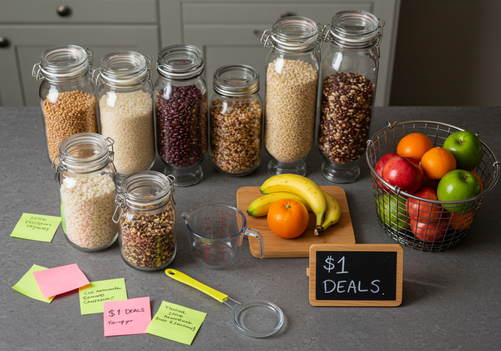 Overhead shot of a kitchen counter lined with bulk food items (rice, beans) in glass jars, alongside a basket of discounted produce. A handwritten sign might read ‘$1 Deals’ next to a thrift-store measuring cup. Sticky notes or coupons are scattered around, indicating strategic budgeting