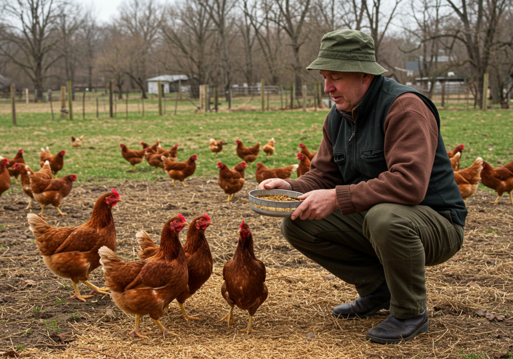 A casual, phone-captured image of a farmer pouring feed into a simple trough while a row of hens eagerly gathers around. The coop door is propped open, letting in morning light. A hanging lamp is visible inside the coop, suggesting an artificial lighting schedule. A small thermometer is tacked on the wall, showing mild morning temperatures. for best backyard chicken eggs.