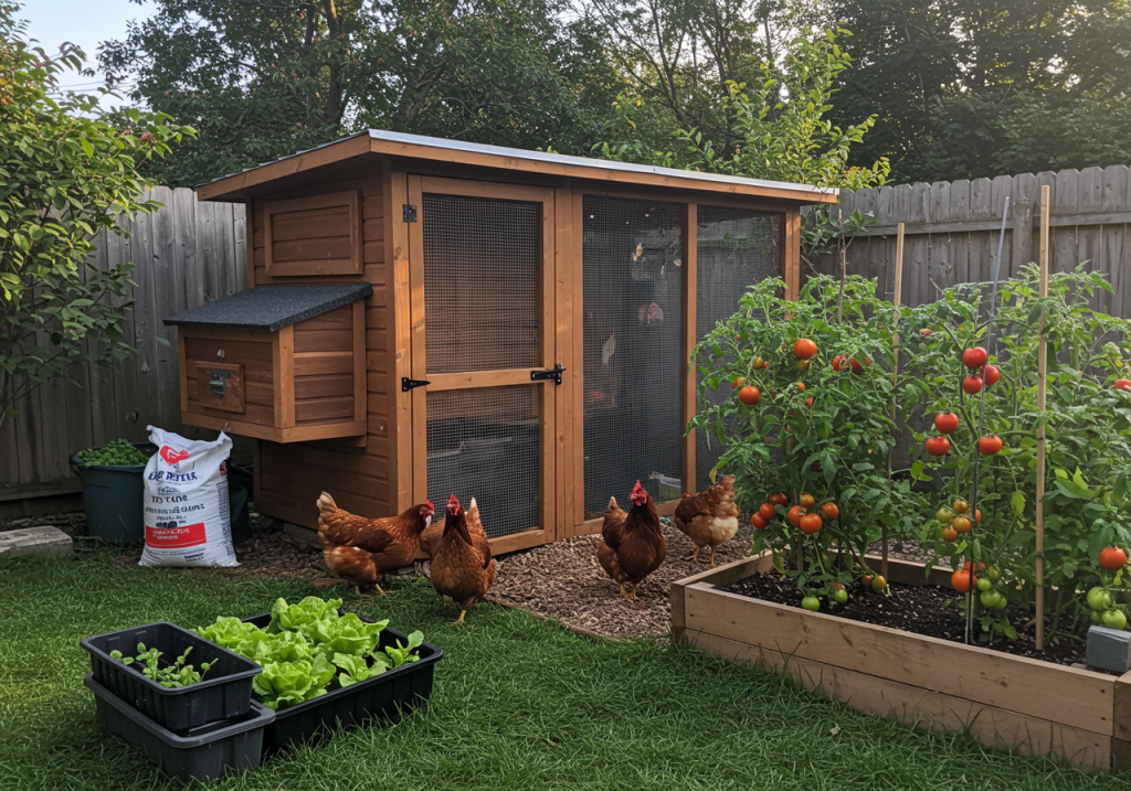 A small backyard scene featuring a modest chicken coop in the corner, a few free-ranging hens pecking around, and a raised bed of heirloom tomatoes. A half-used bag of feed rests against the coop, and you can see a few repurposed containers growing lettuce. Early morning light adds a fresh look.