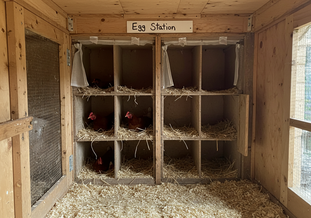 A slightly overhead shot of an open coop interior featuring neatly arranged nesting boxes lined with fresh straw or shavings. One box has a hen quietly nesting, while the others are empty, showing soft bedding. A small curtain or divider provides privacy. A handwritten label on the box might say ‘Egg Station.’ Warm midday light streams in, revealing dust motes in the air. Backyard Chicken Eggs