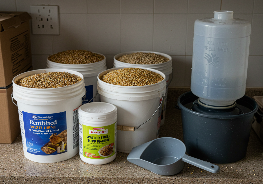 A cluttered, realistic kitchen counter or feed station with buckets of different grains, a smaller container of oyster shell supplement, and a big scoop for measuring. A large plastic waterer sits beside them, partially filled, with a bit of condensation. Backyard Chicken Eggs.