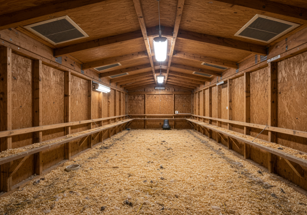 Wide-angle shot of the inside of a well-ventilated coop with adjustable vents near the roofline. Chicken roosts and a feeder are spaced out to avoid crowding. A small LED light strip is installed along one beam. Sawdust or shavings cover the floor. You can see bits of straw, feathers, and minor wear on the wooden structure, indicating regular use.