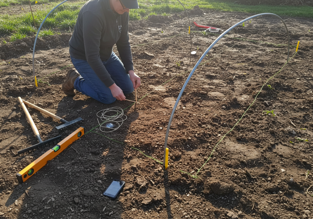 Smartphone-style photo of a person kneeling in a bare garden plot, using stakes and twine to mark the future grow tunnel footprint. A small bubble level, a shovel, and a rake are strewn about. The ground shows freshly turned soil, indicating leveling has just happened. Soft mid-morning sunlight highlights the freshly marked area. Your first grow tunnel.