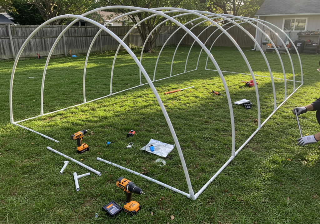 A wide shot showing a partially assembled PVC arch frame. Several arches are in place, while one is being attached by someone in work gloves. A cordless drill, extra PVC pipes, and a few screws are on the grass. Early sunlight and shadows indicate morning work. The yard fence and maybe a neighbor’s house can be seen in the background. your first grow tunnel.