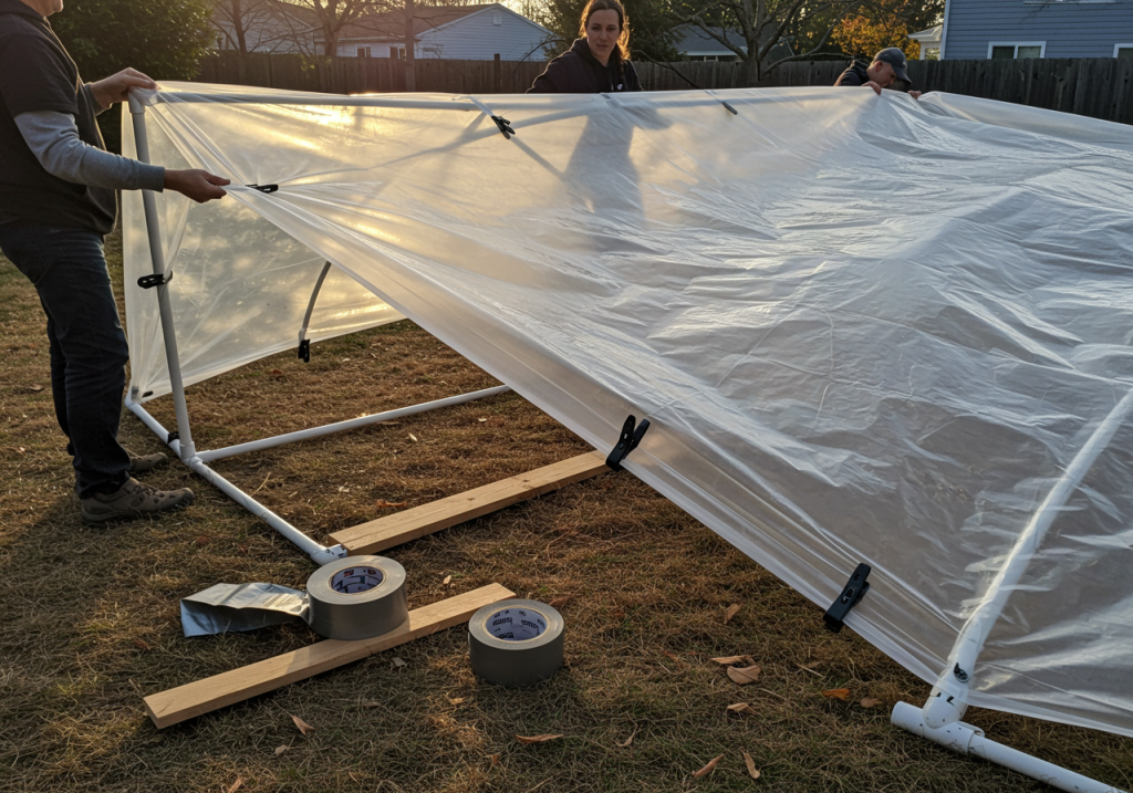 A slightly off-kilter phone photo of two people pulling a large sheet of clear plastic over the newly completed PVC frame. One end is partially secured with clips, while the other flaps in a slight breeze. A roll of duct tape and a pile of wooden end-wall framing pieces rest on the ground. Afternoon sunlight gives the plastic a bright sheen, and shadows hint at the day’s progression.