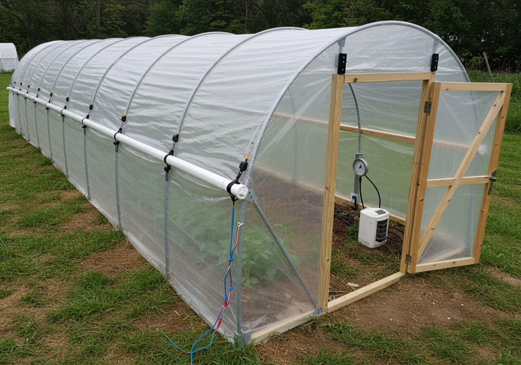 Close-up, casual shot of a side of the grow tunnel where a simple roll-up mechanism is installed. A few bungee cords or Velcro strips hold the rolled plastic in place. Nearby, a small hinged door frame (either wooden or PVC) is propped open, revealing the interior. A basic thermometer or vent fan might be visible inside. The image is slightly angled, as if taken mid-task. your first grow tunnel.