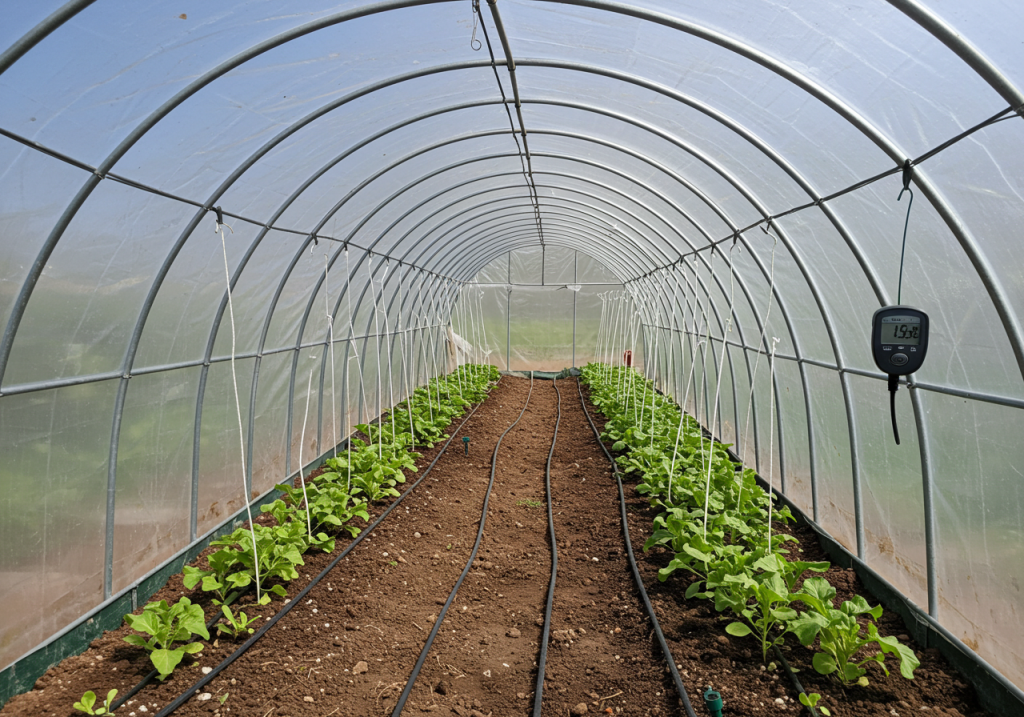 An inside shot of the grow tunnel, showing drip irrigation lines snaking between rows of young seedlings. Simple stake or string supports hang from the arch for climbing plants. A digital thermometer or humidity gauge is clipped to the frame, displaying current conditions. The lighting is somewhat filtered by the plastic cover, creating a diffused glow. your first grow tunnel.