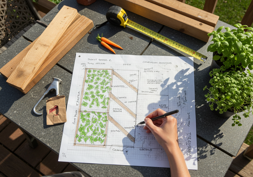 Overhead shot of a person sketching a raised bed layout on graph paper, with notes on companion planting (‘Carrots near Onions,’ etc.). A few sample materials—like pieces of lumber, a tape measure, and small potted herbs—are scattered on a patio table. Late-morning sunlight and mild shadows indicate active planning