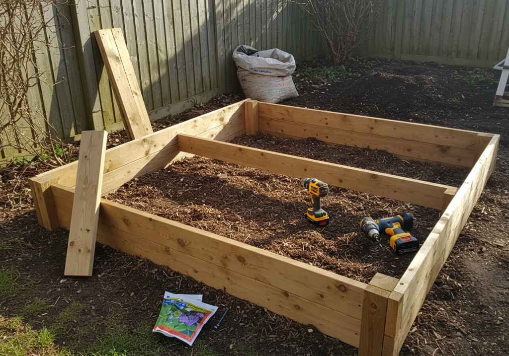 A mid-action photo of someone assembling a wooden raised bed frame, using a drill and screws. Extra planks lean against a fence, and a couple of seed packets lie on the ground. A small pile of compost or topsoil is visible in the background, awaiting transfer. Early-afternoon sun highlights the fresh lumber.