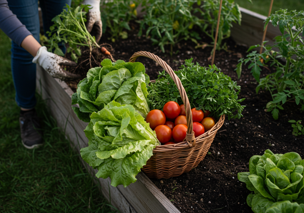 A casual, phone-captured shot of a harvest basket placed on the edge of a raised bed, overflowing with fresh lettuce, ripe tomatoes, and a few herbs. Some dirt still clings to the roots, and you can see gloved hands reaching for more produce. Soft evening sunlight casts a warm glow, suggesting a day’s end harvest