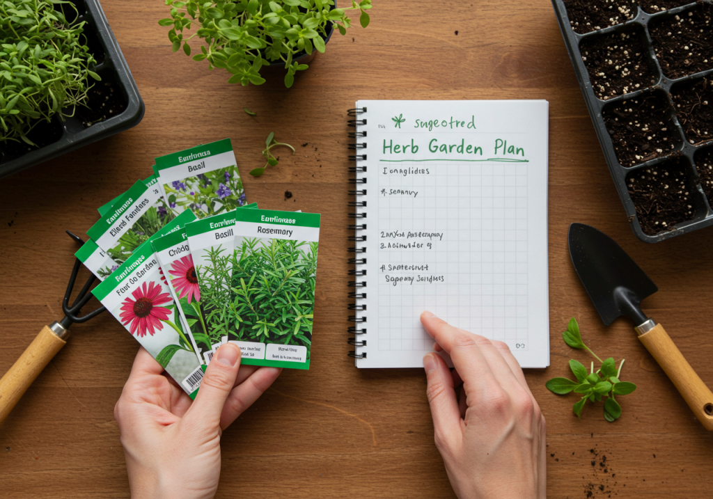 A close-up photo of someone’s hands sorting through seed packets labeled with herbs like ‘Echinacea,’ ‘Basil,’ and ‘Rosemary.’ A simple notebook with scribbled notes titled ‘Herb Garden Plan’ lies nearby on a wooden table. The table also holds a small trowel and half-filled seedling trays, indicating a work-in-progress. medicinal herb garden