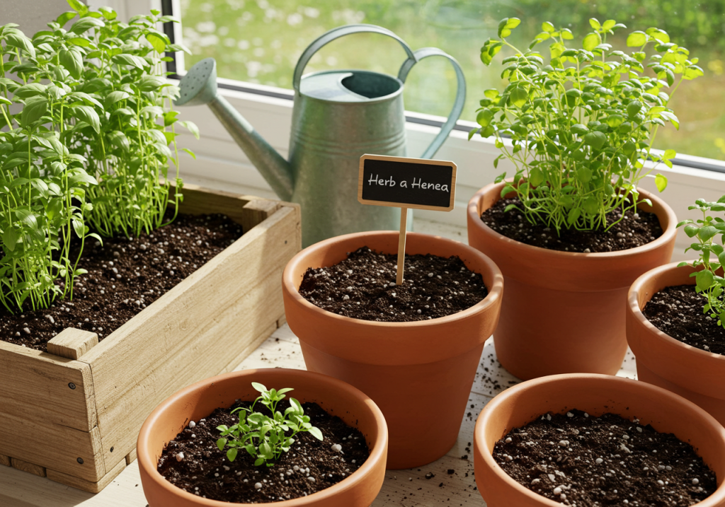 A phone-captured image of a few different herb containers (terracotta pots, upcycled wooden boxes) under a sunny windowsill or a backyard patch. Each pot has moist soil, and a small watering can sits in the background. One pot is slightly tipped, showing realistic imperfections, and a tiny sign indicates the herb’s name