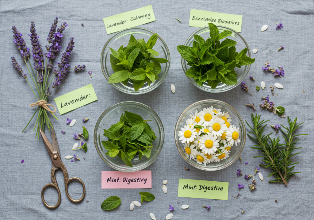 A casual, overhead shot of four small glass bowls, each holding fresh sprigs of a different herb: lavender, mint, chamomile blossoms, and rosemary. A notecard beside each bowl briefly notes its key property—e.g., ‘Lavender: Calming,’ ‘Mint: Digestive,’ etc. A pair of scissors rests on the table, and scattered petals add to the homemade look.