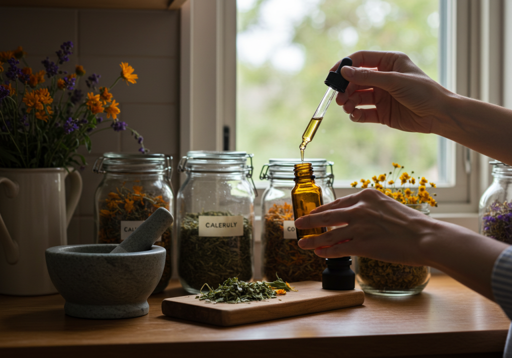A small kitchen scene featuring a person pouring a freshly made tincture from herbs into a dropper bottle. A mortar and pestle with crushed leaves sits to one side, and a few labeled jars of dried herbs (like calendula, comfrey) line a windowsill. The lighting is softly diffused, giving a warm, hands-on, apothecary feel