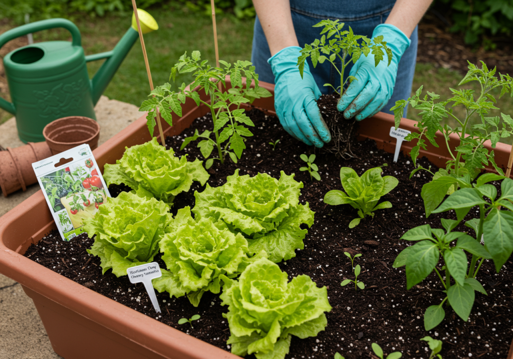 A mid-action shot of a small raised bed or container garden with vibrant lettuce, tomatoes, and peppers. A gardener’s gloved hands are gently placing new seedlings. A watering can, seed packets, and a few scattered plant labels (e.g., ‘Heirloom Cherry Tomato’) are visible in the scene.