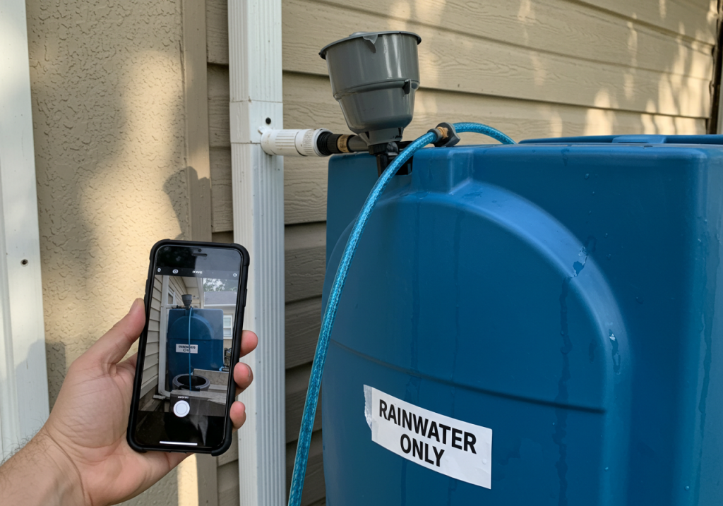 A phone-captured image of a homeowner installing a downspout diverter into a simple blue rain barrel. A small flexible hose feeds rainwater from the gutter. A basic sign reading ‘Rainwater Only’ is taped to the barrel. Midday sunlight highlights bits of dust or water droplets in the air.