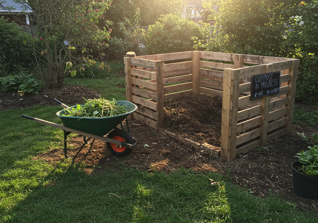 A backyard scene with a newly constructed compost bin made from wooden pallets. A small wheelbarrow holding grass clippings or kitchen scraps is next to the bin. A sign reads ‘Compost in Progress.’ Early morning or late-afternoon sunlight casts long shadows, highlighting the rustic bin design.