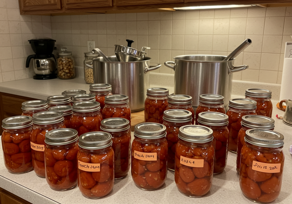 A kitchen countertop lined with mason jars filled with freshly canned tomatoes or jam. A large stockpot or canning pot, a jar funnel, and a ladle are visible. A few jars are labeled with dates and a scribbled note like ‘Peach Jam, 2024.’ Warm overhead lighting reveals a cozy, working kitchen environment