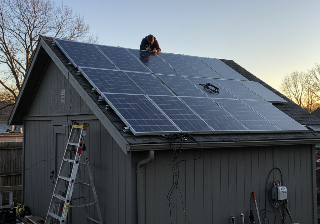 A mid-distance shot of a small shed or garage roof with newly mounted solar panels. A ladder leans against the structure, and a person is on the roof adjusting the last panel. A tangle of wires indicates the system isn’t fully finished yet. Afternoon sunlight gleams off the panel surfaces. homesteading for beginners