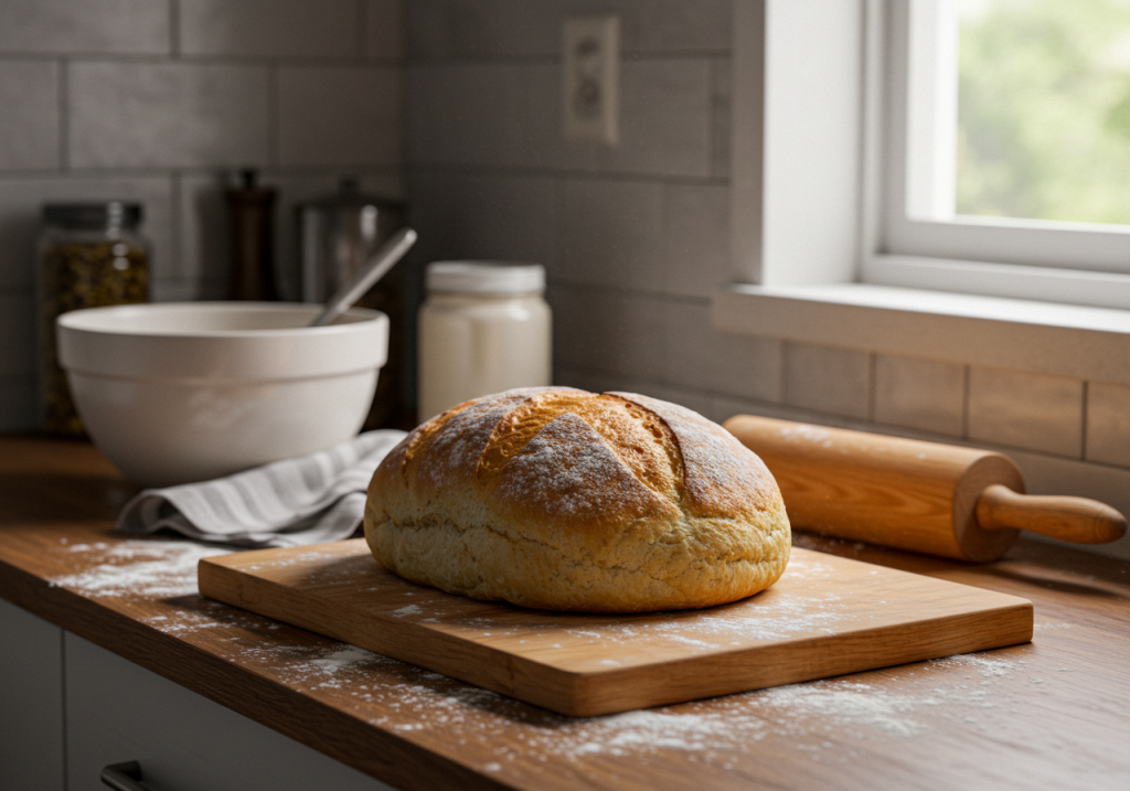 A modest kitchen scene with a handmade loaf of bread on a wooden cutting board, fresh out of the oven. A bit of flour dust remains on the counter. A window with soft natural light illuminates the bread’s golden crust. A half-filled mixing bowl and a rolling pin lie in the background, hinting at recent dough prep.