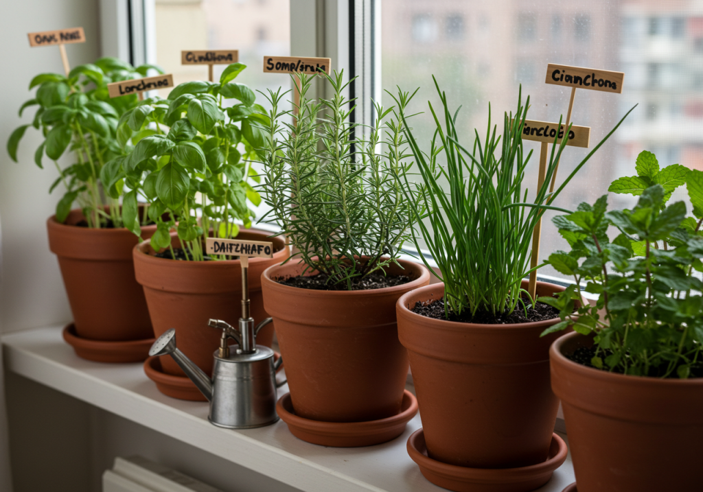 A windowsill or balcony railing lined with terracotta pots of basil, rosemary, chives, and mint. Hand-labeled sticks identify each herb. A small watering can or misting bottle is nearby, and soft daylight beams in, highlighting the fresh green leaves. homesteading for beginners