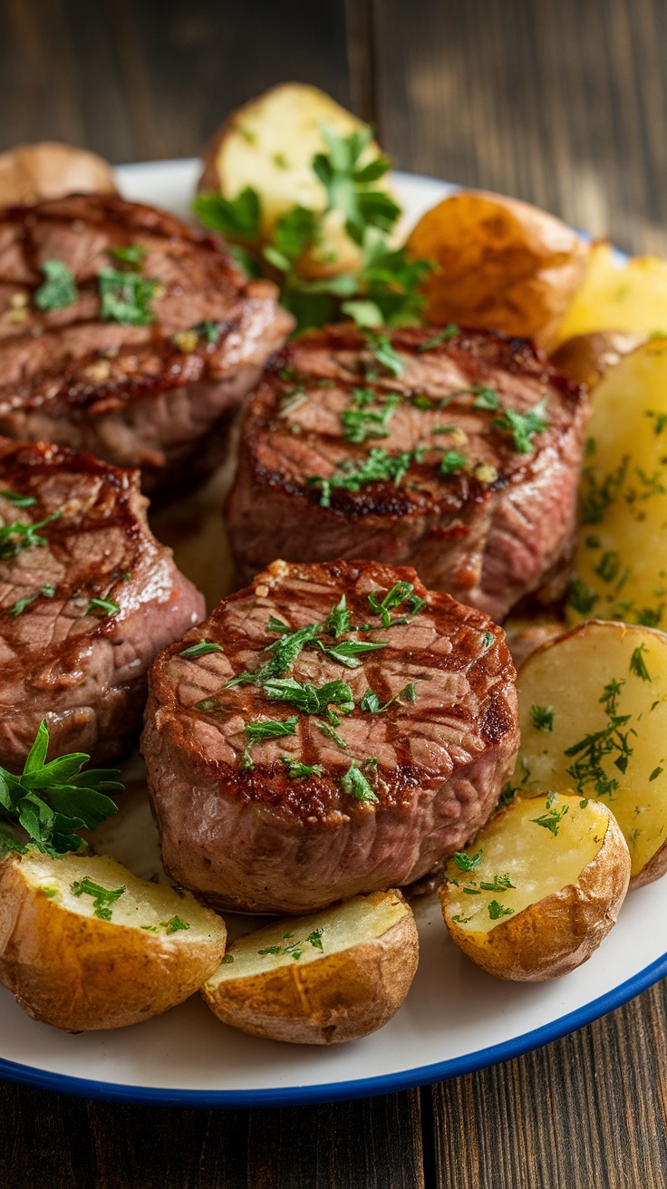 Garlic butter steak bites beside crispy herb potatoes, garnished with parsley on a rustic wooden table.