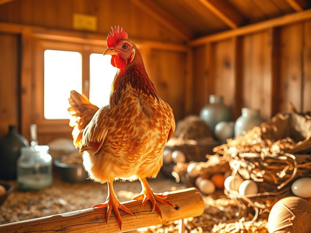 A close-up illustration of key factors influencing egg production in a chicken coop. In the foreground, a hen standing on a wooden perch, bathed in warm, natural lighting. In the middle ground, a variety of feed, water, and nesting materials, symbolizing the importance of diet and environment. In the background, a window letting in soft, diffused daylight, casting gentle shadows. The overall mood is one of tranquility and attention to detail, capturing the nuances that impact a hen's egg-laying cycle.