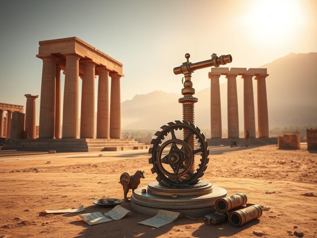 A grand ancient temple, its towering columns casting long shadows across a dusty landscape. In the foreground, an ornate bronze screw pump, its intricate gears and mechanisms gleaming in the warm afternoon light. Scrolls and tablets lie scattered at its base, hinting at the myths and legends surrounding its invention. In the distance, a hazy mountain range rises, shrouded in a veil of mystery. The scene is bathed in a soft, golden glow, evoking a sense of timeless wonder and the enduring legacy of Archimedes' ingenious creation.
