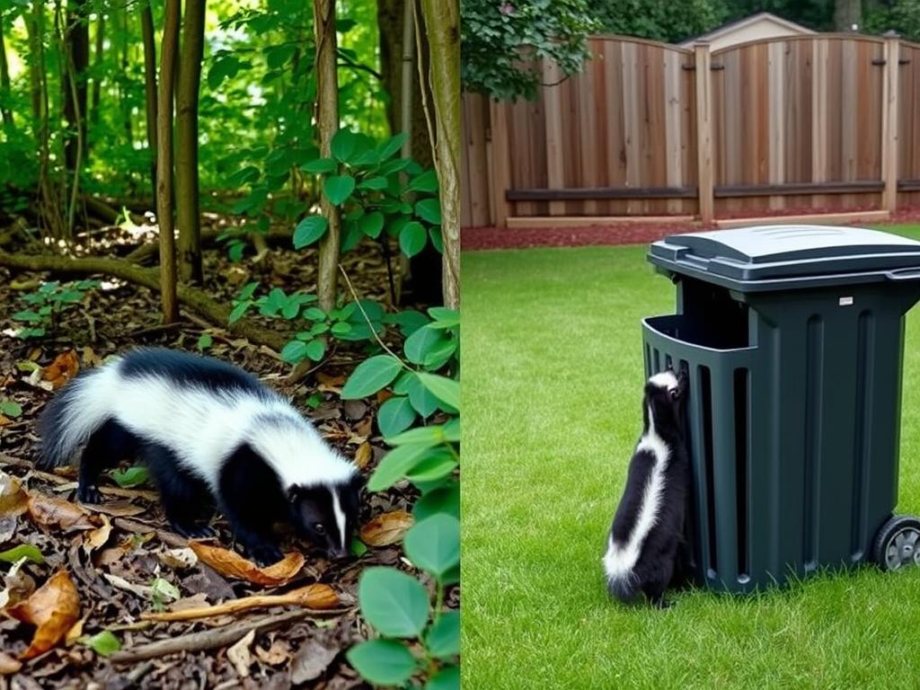 A lush forest setting, with a skunk foraging in the undergrowth, contrasted with a suburban backyard, where a skunk rummages through a trash can. Soft, natural lighting illuminates the scene, capturing the skunk's distinctive black and white markings in vivid detail. The forest floor is covered in fallen leaves, while the urban setting features well-manicured grass and a wooden fence in the background. The skunk's posture and movements convey its natural hunting behaviors in the wild, juxtaposed with its scavenging habits in the city. The image showcases the adaptability of skunks and the diverse range of their dietary preferences, from natural prey to human-provided waste.