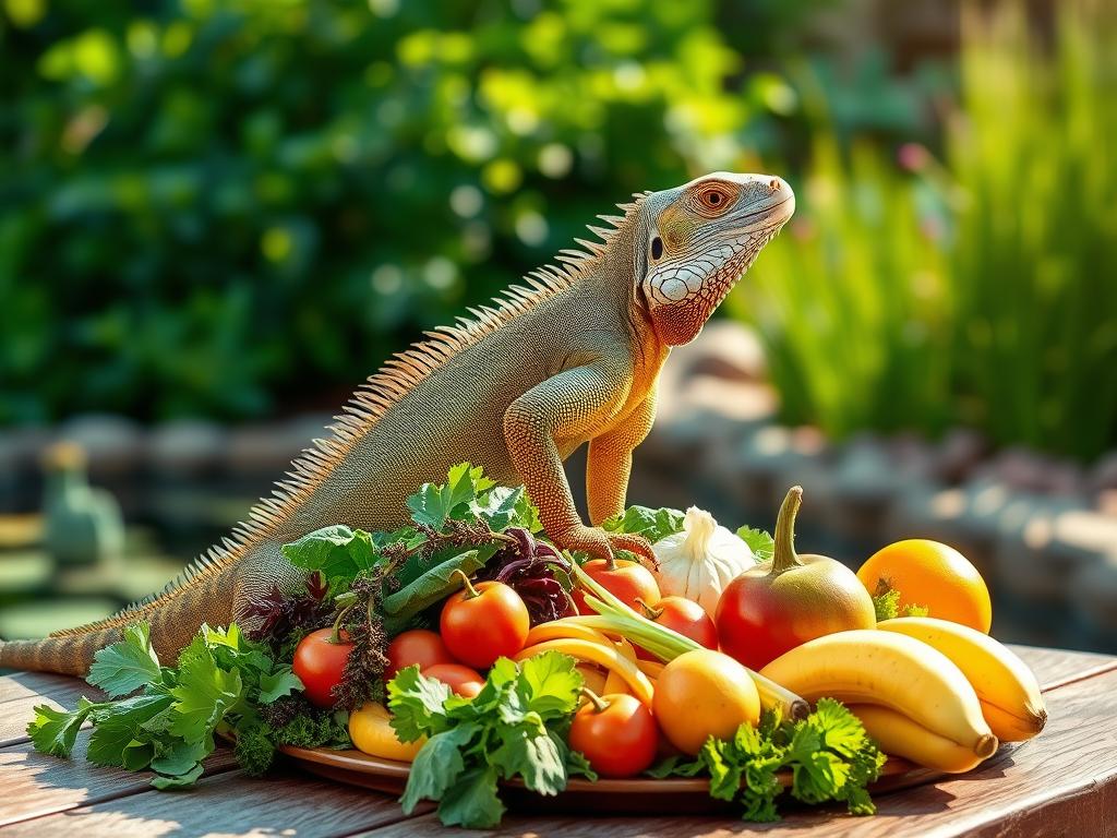 A lush, verdant scene of an iguana's balanced diet. In the foreground, a vibrant assortment of fresh greens, crisp vegetables, and juicy fruits are artfully arranged on a wooden table, bathed in warm, natural lighting. The iguana, poised elegantly, balances atop the display, its scales shimmering with health. The background features a serene, sun-dappled garden, with verdant foliage and a hint of a tranquil pond. The composition is visually striking, conveying a sense of harmony and the importance of a well-rounded, nutritious diet for these magnificent reptiles.