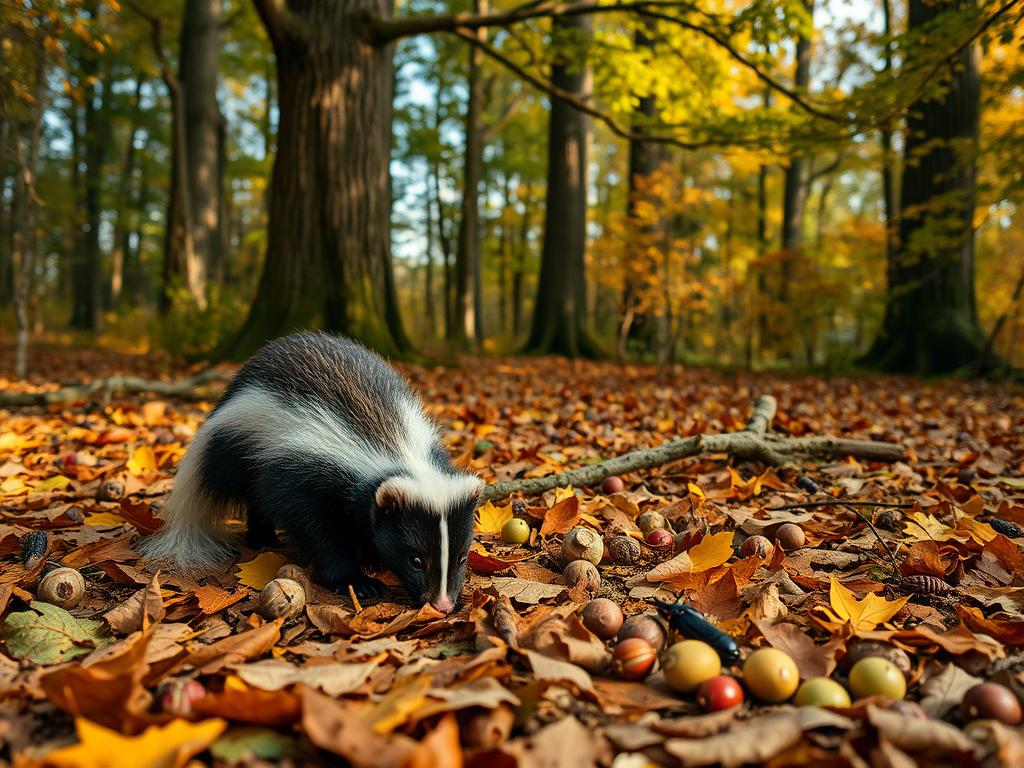 A lush woodland setting, bathed in soft, warm lighting. In the foreground, a curious skunk sniffs at the ground, its distinctive black and white fur contrasting against the fallen autumn leaves. In the middle ground, a variety of seasonal fruits, nuts, and insects scatter the forest floor, reflecting the skunk's varied diet. In the background, towering trees sway gently, their branches casting dappled shadows across the scene. The overall atmosphere is one of peaceful coexistence, as the skunk forages for its sustenance, adapting to the rhythms of the changing seasons.