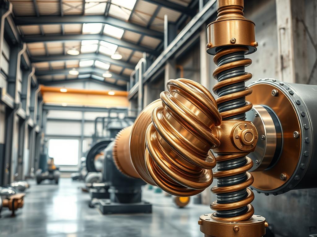 A modern Archimedes screw powering an industrial water pump, set against a backdrop of a sleek, contemporary factory interior. The screw's bronze metal surfaces glisten under bright, directional lighting, its spiraling design elegantly blending form and function. In the foreground, the screw's mechanism is clearly visible, showcasing the engineering principles that have made this ancient technology relevant in the modern world. The middle ground features a network of pipes and valves, hinting at the screw's integration within a larger water management system. The background is dominated by steel beams, concrete walls, and the warm glow of high-bay lighting, creating an atmosphere of industrial efficiency and technological progress.