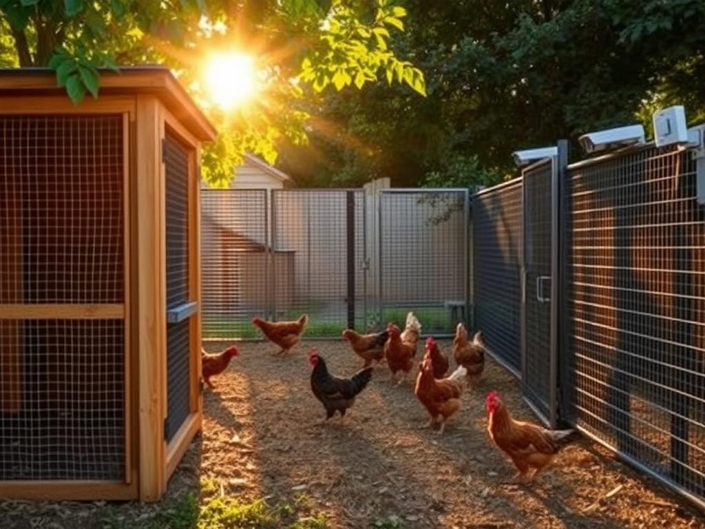 A secure and well-designed backyard chicken coop, illuminated by warm afternoon sunlight filtering through the trees. The coop's sturdy wooden frame and wire mesh panels provide ample protection for a small flock of hens, who can be seen happily foraging in the spacious enclosed run. The run is surrounded by a tall, reinforced fence to deter predators, with a locked gate ensuring the safety of the birds. Strategically placed motion-sensor lights and security cameras monitor the area, creating an atmosphere of vigilance and safeguarding the hens' well-being. The overall scene conveys a sense of order, tranquility, and a thoughtful approach to maintaining a productive and secure backyard chicken operation.