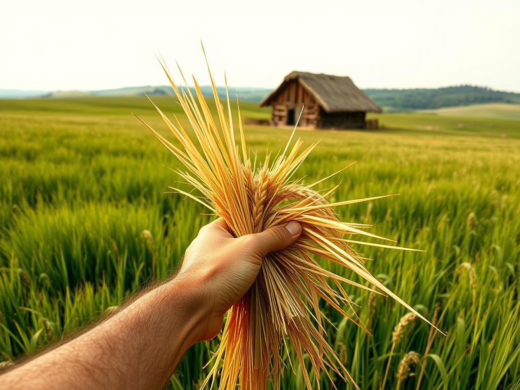 A vast expanse of lush, verdant meadows, dotted with swaying stalks of golden hay. In the foreground, a weathered farmer's hand tenderly gathers the fragrant crop, a testament to centuries-old traditions. The middle ground reveals a time-worn barn, its wooden beams and thatched roof hinting at the historical significance of this pastoral scene. In the distance, rolling hills and a cloudless sky imbue the landscape with a sense of timeless tranquility. Soft, diffused lighting casts a warm, nostalgic glow, capturing the evolution of this essential agricultural resource through the lens of a vintage-inspired aesthetic.