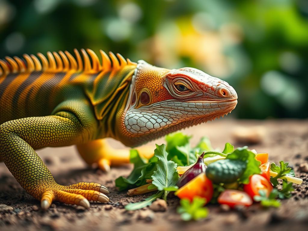 A vibrant, close-up scene of an iguana in its natural habitat, captured with a macro lens. The iguana is depicted in the foreground, intently focused on consuming a selection of fresh, colorful greens and vegetables laid out before it on a textured, earthy surface. Soft, diffused natural lighting filters in from the side, gently illuminating the iguana's intricate scales and bringing out the vivid hues of its skin. The background is blurred, hinting at a lush, verdant environment, creating a sense of intimacy and immersion in the iguana's feeding routine. The overall composition and attention to detail convey the careful, methodical nature of the iguana's dietary practices.