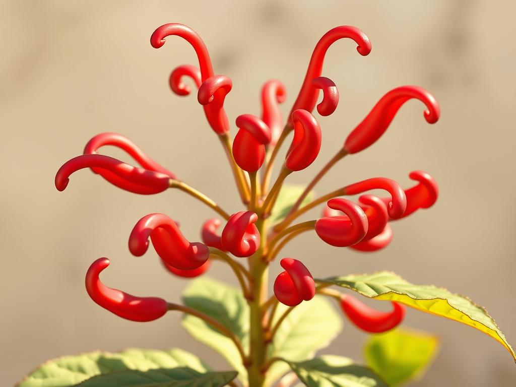 A close-up, detailed illustration of a Turk's Cap plant with its distinctive red, curving flowers. The plant is set against a soft, out-of-focus background, allowing the vibrant blooms to take center stage. The lighting is natural and warm, casting gentle shadows that accentuate the plant's intricate texture and structure. The perspective is slightly elevated, giving the viewer an intimate, almost tactile connection with the plant. The overall mood is one of botanical elegance and horticultural expertise, reflecting the care and attention required for successful Turk's Cap cultivation.