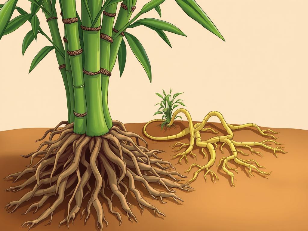 A close-up, highly detailed illustration showcasing the distinct rhizome systems of clumping and running bamboo varieties. The foreground displays the dense, clustered rhizomes of a clumping bamboo, its roots tightly interwoven and branching out from a central point. In the middle ground, the elongated, spreading rhizomes of a running bamboo are visible, snaking across the soil with a more dispersed growth pattern. The background features a neutral, earthy tone to emphasize the technical botanical elements. Crisp, high-resolution rendering with natural lighting illuminating the intricate underground structures, captured from a low angle to highlight the contrasting root systems. Conveys the key differences between these two major bamboo growth habits in a clear, educational manner.