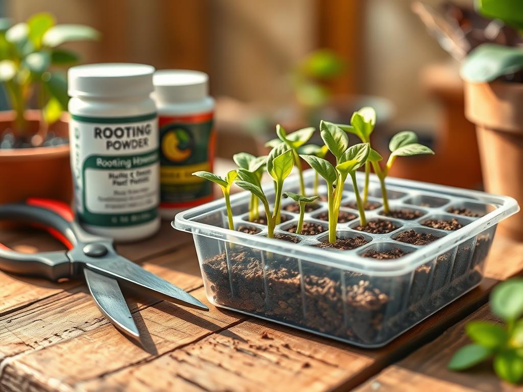 A close-up shot of an assortment of propagation tools on a rustic wooden surface. In the foreground, neatly arranged are a pair of sharp pruning shears, a rooting hormone powder container, and a small transparent propagation tray filled with a well-draining potting mix. In the middle ground, a selection of small plant cuttings with fresh leaf growth protrudes from the tray, bathed in soft, natural lighting. The background is blurred, hinting at a soothing, earthy environment, like a greenhouse or a potting shed, creating a sense of tranquility and focus on the propagation process.