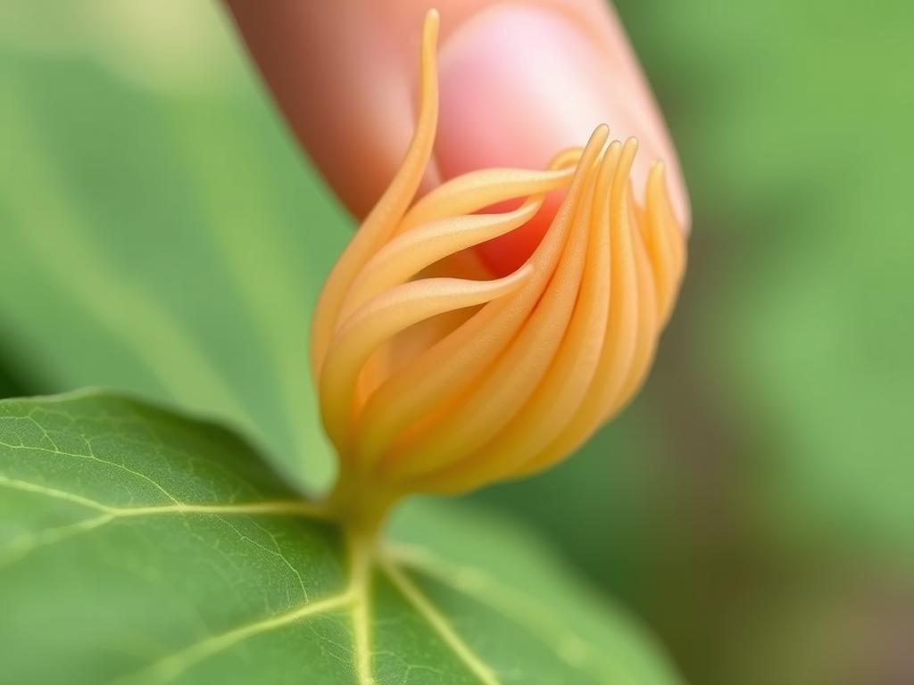 A close-up view of a mimosa pudica (also known as the "sensitive plant") leaf, showcasing its remarkable movement. The leaf is depicted in mid-motion, with its delicate leaflets rapidly folding inwards in response to a gentle touch, captured with a macro lens and soft, diffused lighting to highlight the intricate details. The background is blurred, allowing the viewer to focus solely on the captivating behavior of this fascinating plant. The image conveys a sense of wonder and natural curiosity about the sensitive plant's unique adaptations.