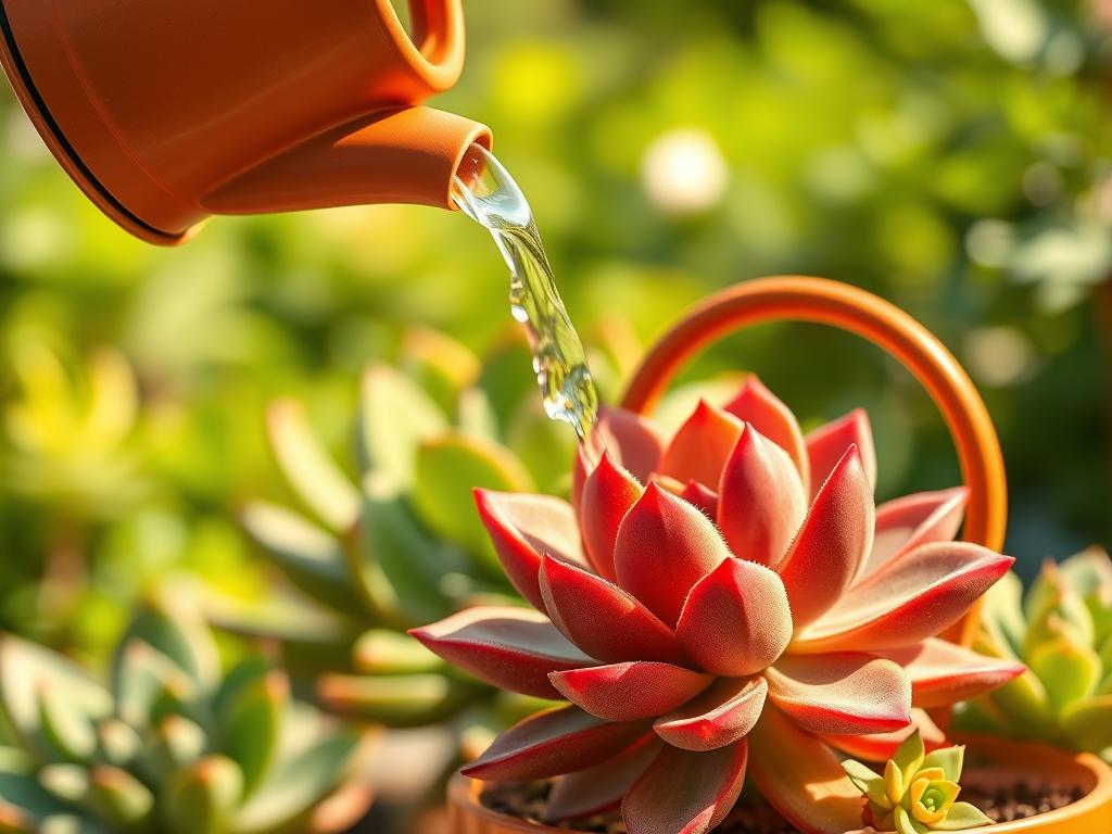 A close-up view of a succulent watering can demonstration in a well-lit, natural outdoor setting. The foreground features a terracotta watering can filled with water, its spout gently pouring over the lush, vibrant leaves of a thriving Kalanchoe plant. The middle ground showcases the plant's fleshy, geometric succulent foliage in a range of green hues, casting interesting shadows. The background blurs softly, hinting at a verdant garden or patio environment. The scene is bathed in warm, diffused natural lighting, capturing the delicate, nourishing act of watering this resilient, low-maintenance succulent.