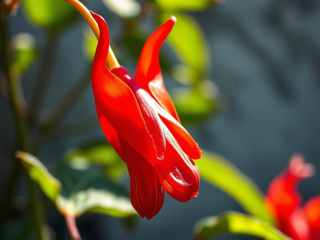 A close-up view of a vibrant Turk's Cap flower, showcasing its distinctive recurved petals and vivid red hue. The flower is illuminated by soft, natural lighting, casting gentle shadows that accentuate its intricate textures and radiant colors. The background is a blurred, out-of-focus scene, allowing the flower to take center stage and fully capture the viewer's attention. The composition is balanced and thoughtfully framed, highlighting the unique charm and captivating allure of this remarkable plant.
